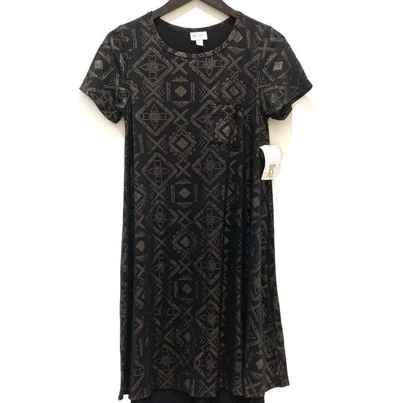 Vintage Metallic Prom Lularoe Black/Gold Elegant Carly XS Flowy Tunic Dress 💜 - Picture 1 of 6